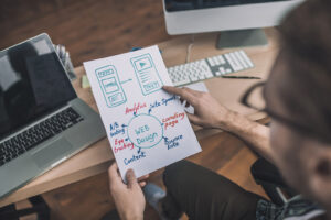 Website development planning: person reviewing web design strategies like content, SEO, and site speed, perfect for Palm Beach County businesses aiming to grow online.