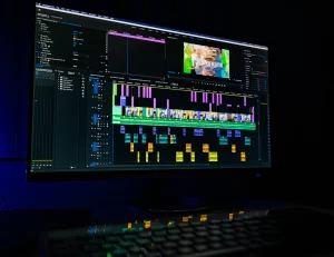 Showing video editing timeline of monitor of TS Media Group desktop located in Jupiter, Florida